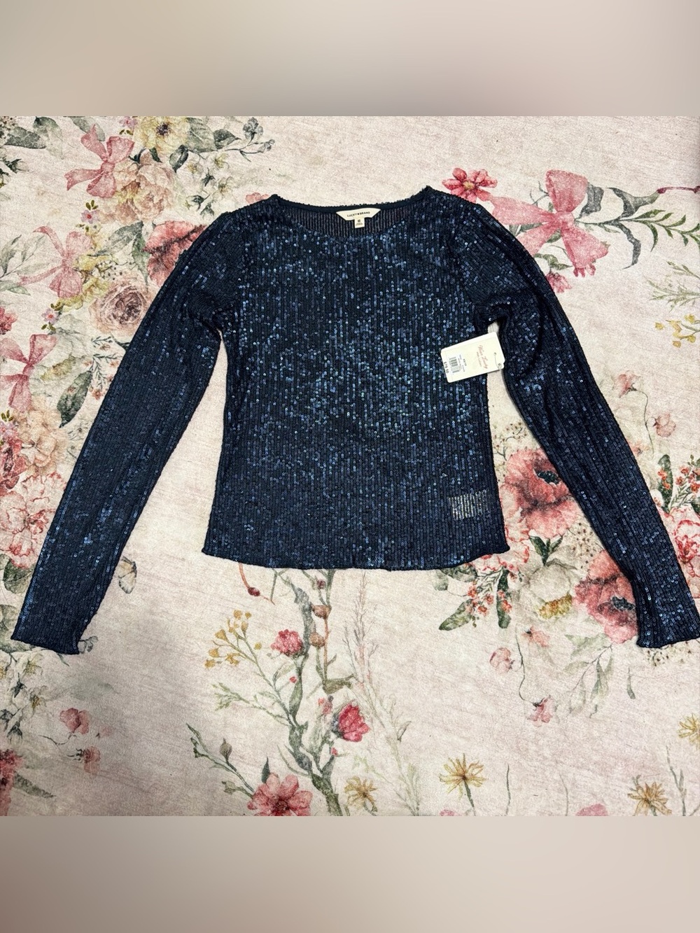 Lucky Brand Sparkling Navy Blue Long Sleeve Sequin Top